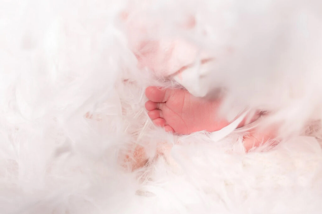 Gros plan artistique sur le pied d'un nouveau-né délicatement posé dans des plumes blanches.